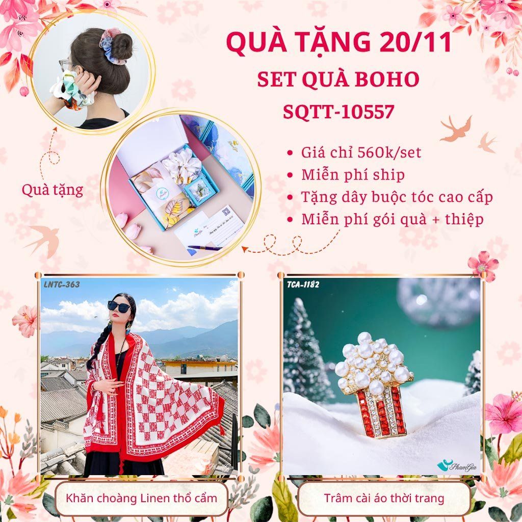 Set Quà Tặng Khăn Choàng Linen Thổ Cẩm Và Ghim Cài Áo Phong Cách Boho (SQTT10557)