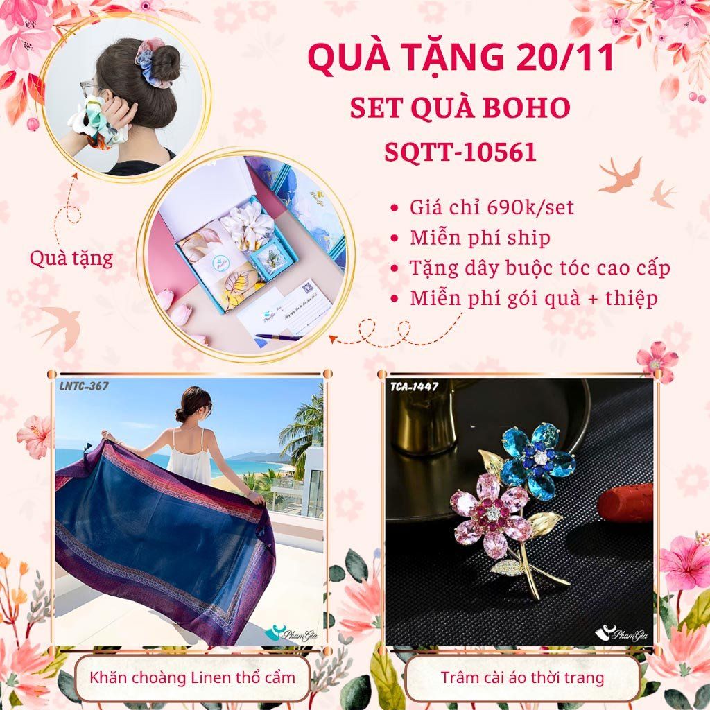 Set Quà Tặng Khăn Choàng Linen Thổ Cẩm Và Ghim Cài Áo Phong Cách Boho (SQTT10561)