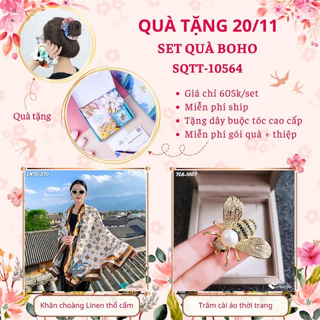 Set Quà Tặng Khăn Choàng Linen Thổ Cẩm Và Ghim Cài Áo Phong Cách Boho (SQTT10564)