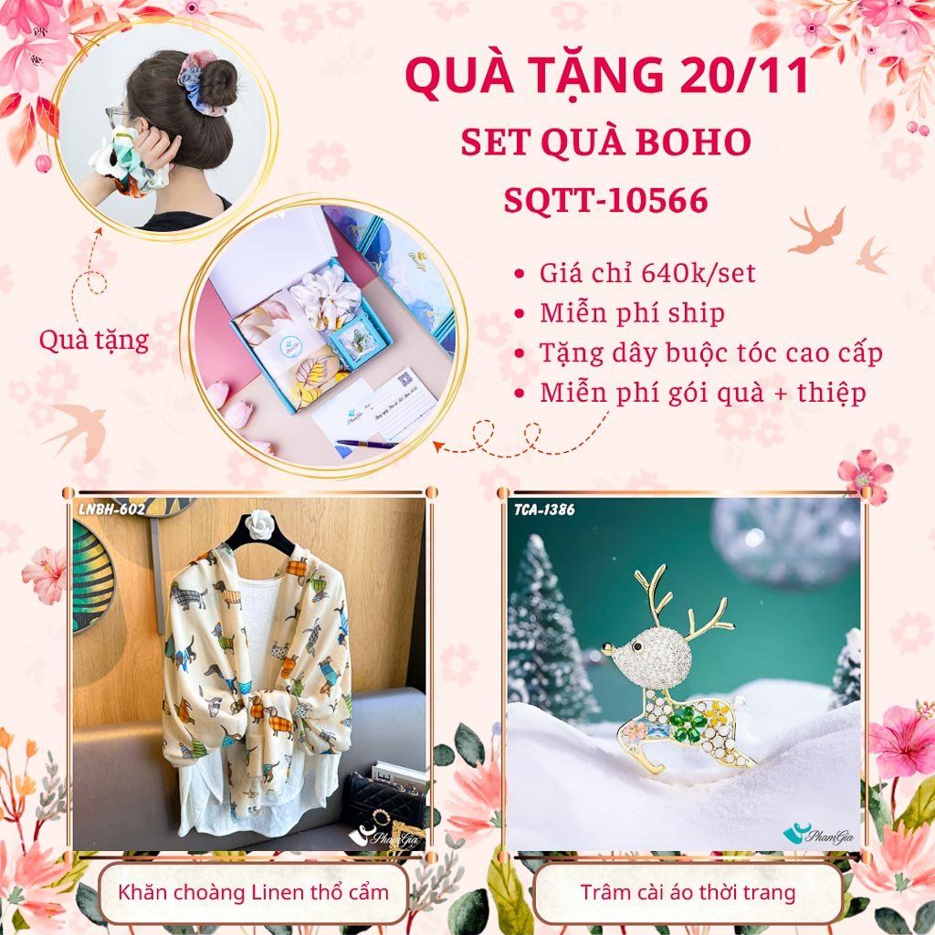 Set Quà Tặng Khăn Choàng Linen Thổ Cẩm Và Ghim Cài Áo Phong Cách Boho (SQTT10566)