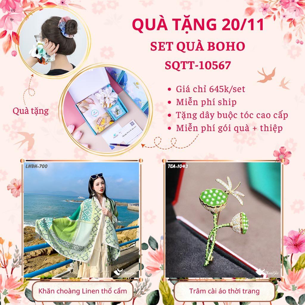 Set Quà Tặng Khăn Choàng Linen Thổ Cẩm Và Ghim Cài Áo Phong Cách Boho (SQTT10567)