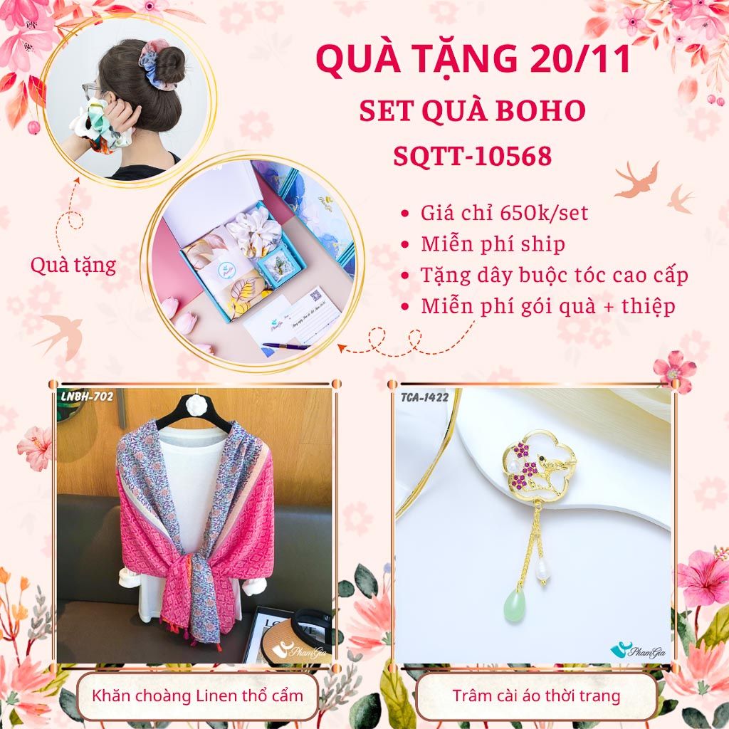 Set Quà Tặng Khăn Choàng Linen Thổ Cẩm Và Ghim Cài Áo Phong Cách Boho (SQTT10568)