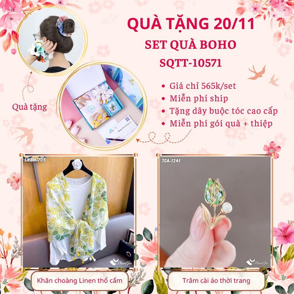 Set Quà Tặng Khăn Choàng Linen Thổ Cẩm Và Ghim Cài Áo Phong Cách Boho (SQTT10571)