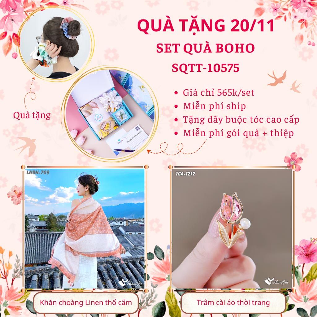 Set Quà Tặng Khăn Choàng Linen Thổ Cẩm Và Ghim Cài Áo Phong Cách Boho (SQTT10575)