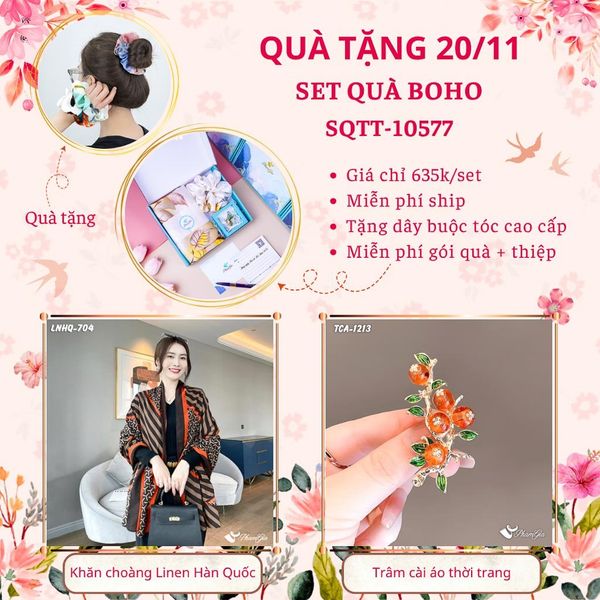 Set Quà Tặng Khăn Choàng Linen Hàn Quốc Và Ghim Cài Áo Phong Cách Boho (SQTT10577)