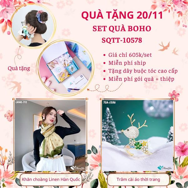 Set Quà Tặng Khăn Choàng Linen Hàn Quốc Và Ghim Cài Áo Phong Cách Boho (SQTT10578)