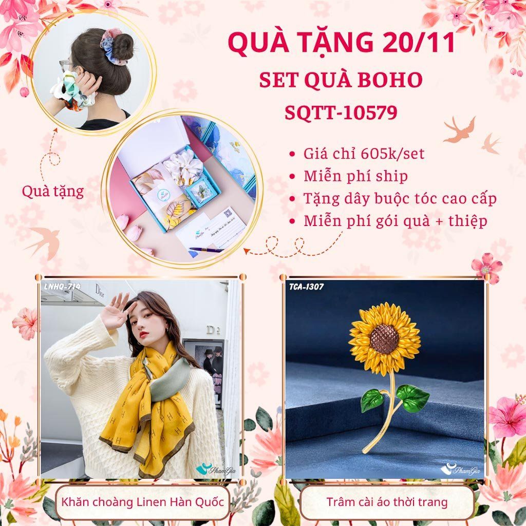 Set Quà Tặng Khăn Choàng Linen Hàn Quốc Và Ghim Cài Áo Phong Cách Boho (SQTT10579)