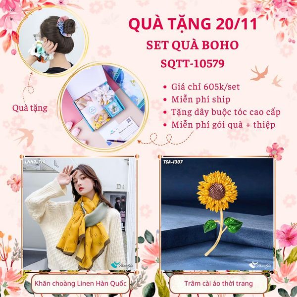 Set Quà Tặng Khăn Choàng Linen Hàn Quốc Và Ghim Cài Áo Phong Cách Boho (SQTT10579)