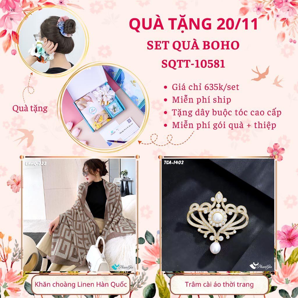 Set Quà Tặng Khăn Choàng Linen Hàn Quốc Và Ghim Cài Áo Phong Cách Boho (SQTT10581)