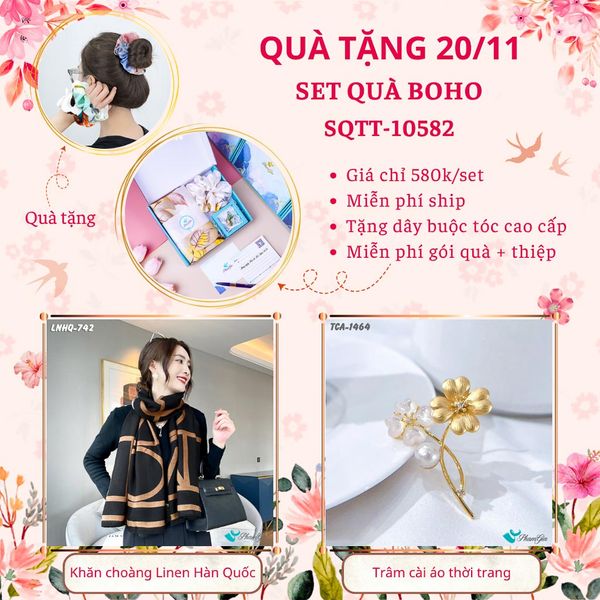 Set Quà Tặng Khăn Choàng Linen Hàn Quốc Và Ghim Cài Áo Phong Cách Boho (SQTT10582)