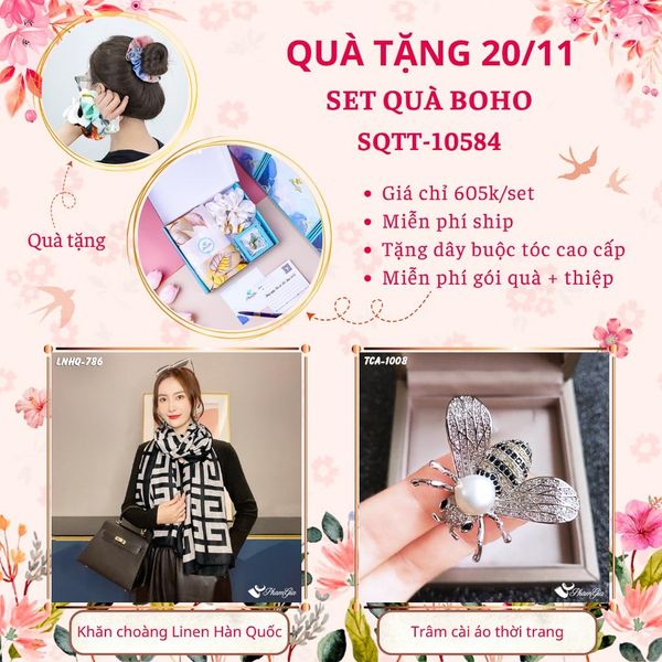 Set Quà Tặng Khăn Choàng Linen Hàn Quốc Và Ghim Cài Áo Phong Cách Boho (SQTT10584)