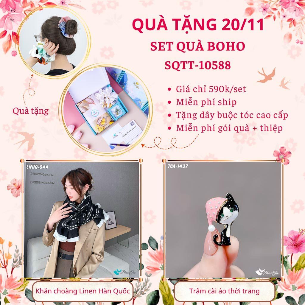 Set Quà Tặng Khăn Choàng Linen Hàn Quốc Và Ghim Cài Áo Phong Cách Boho (SQTT10588)