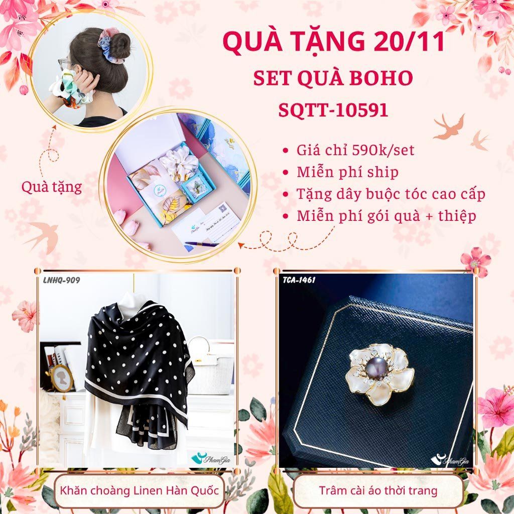 Set Quà Tặng Khăn Choàng Linen Hàn Quốc Và Ghim Cài Áo Phong Cách Boho (SQTT10591)