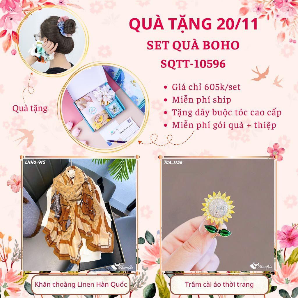 Set Quà Tặng Khăn Choàng Linen Hàn Quốc Và Ghim Cài Áo Phong Cách Boho (SQTT10596)