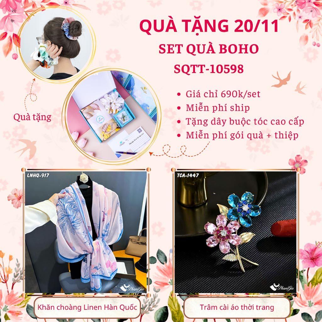 Set Quà Tặng Khăn Choàng Linen Hàn Quốc Và Ghim Cài Áo Phong Cách Boho (SQTT10598)
