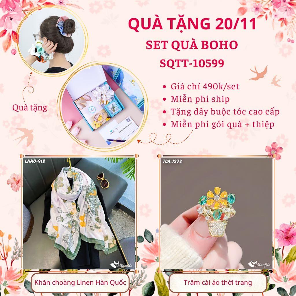 Set Quà Tặng Khăn Choàng Linen Hàn Quốc Và Ghim Cài Áo Phong Cách Boho (SQTT10599)