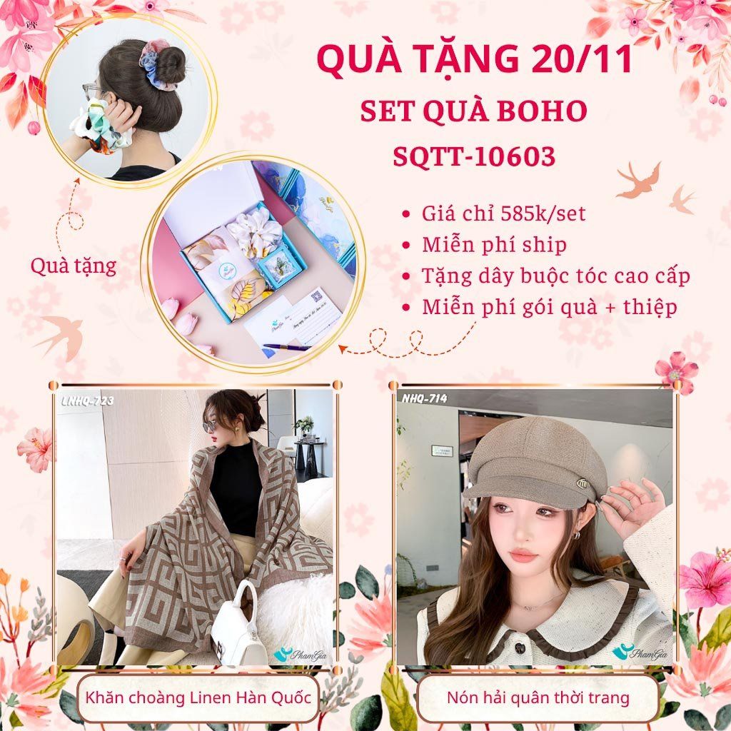 Set Quà Tặng Khăn Choàng Linen Hàn Quốc Và Nón Hải Quân Phong Cách Boho (SQTT10603)