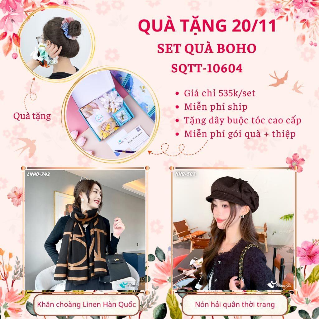 Set Quà Tặng Khăn Choàng Linen Hàn Quốc Và Nón Hải Quân Phong Cách Boho (SQTT10604)