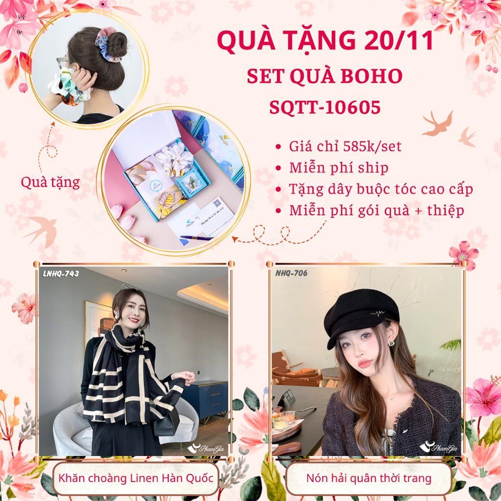 Set Quà Tặng Khăn Choàng Linen Hàn Quốc Và Nón Hải Quân Phong Cách Boho (SQTT10605)