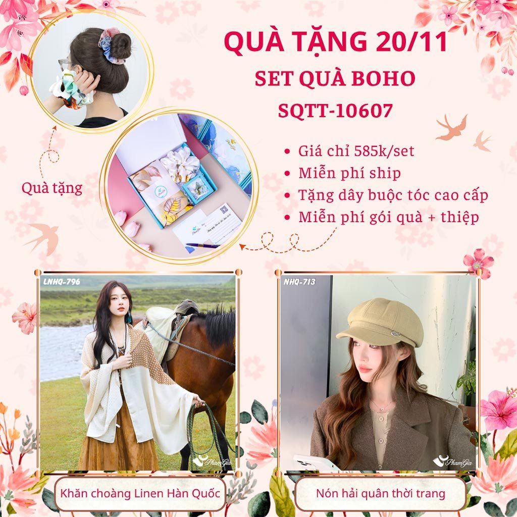 Set Quà Tặng Khăn Choàng Linen Hàn Quốc Và Nón Hải Quân Phong Cách Boho (SQTT10607)