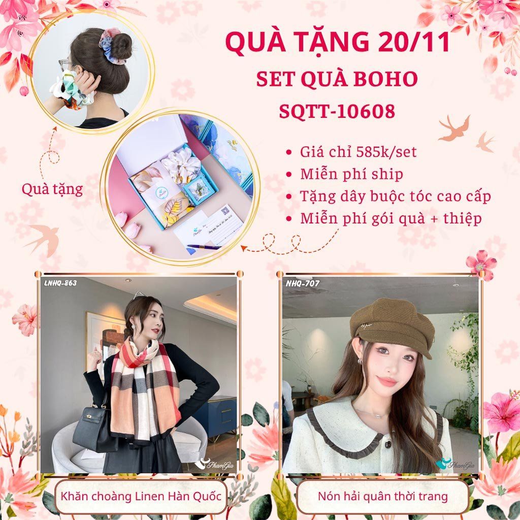 Set Quà Tặng Khăn Choàng Linen Hàn Quốc Và Nón Hải Quân Phong Cách Boho (SQTT10608)