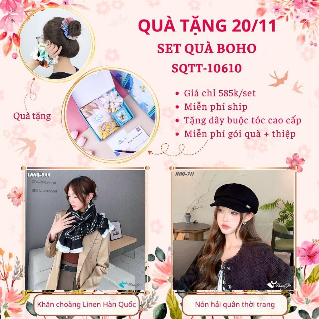 Set Quà Tặng Khăn Choàng Linen Hàn Quốc Và Nón Hải Quân Phong Cách Boho (SQTT10610)