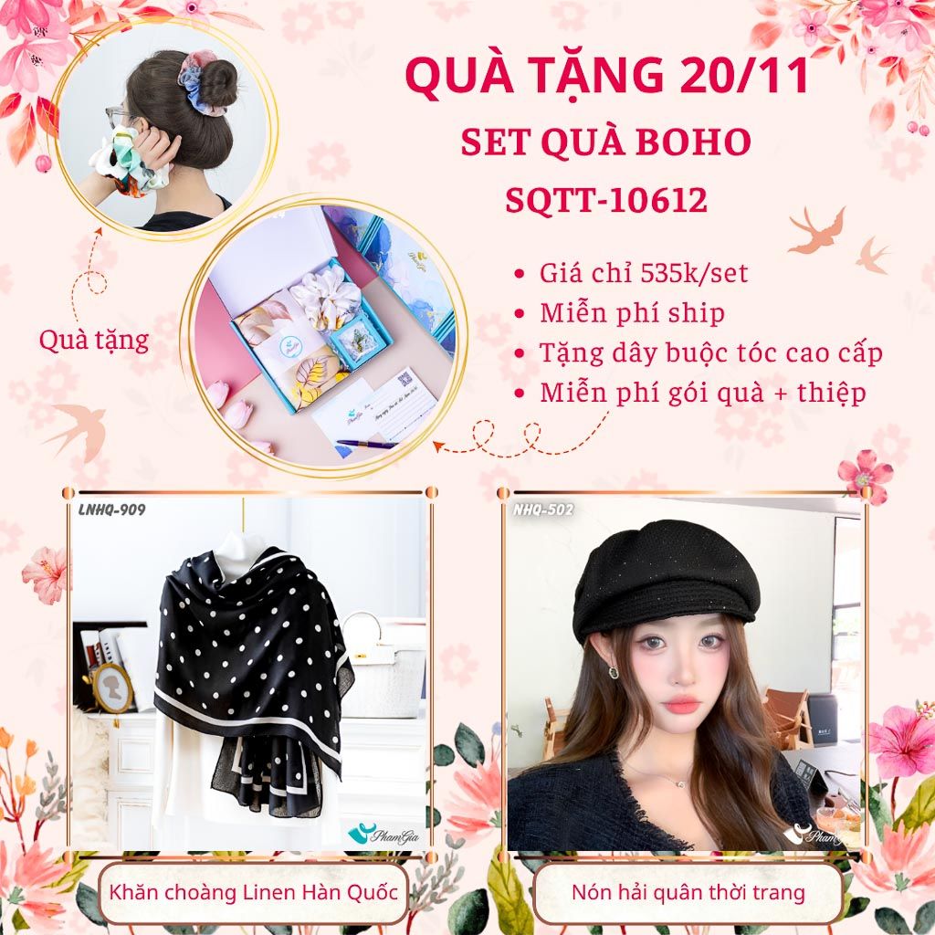 Set Quà Tặng Khăn Choàng Linen Hàn Quốc Và Nón Hải Quân Phong Cách Boho (SQTT10612)