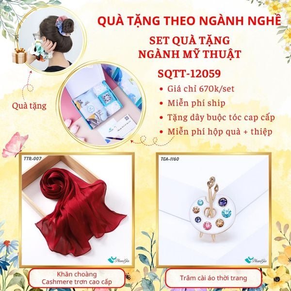 Quà Tặng Theo Ngành Nghề - Set Quà Khăn Tằm Trơn Và Ghim Cài Áo Cho Ngành Mỹ Thuật (SQTT12059)