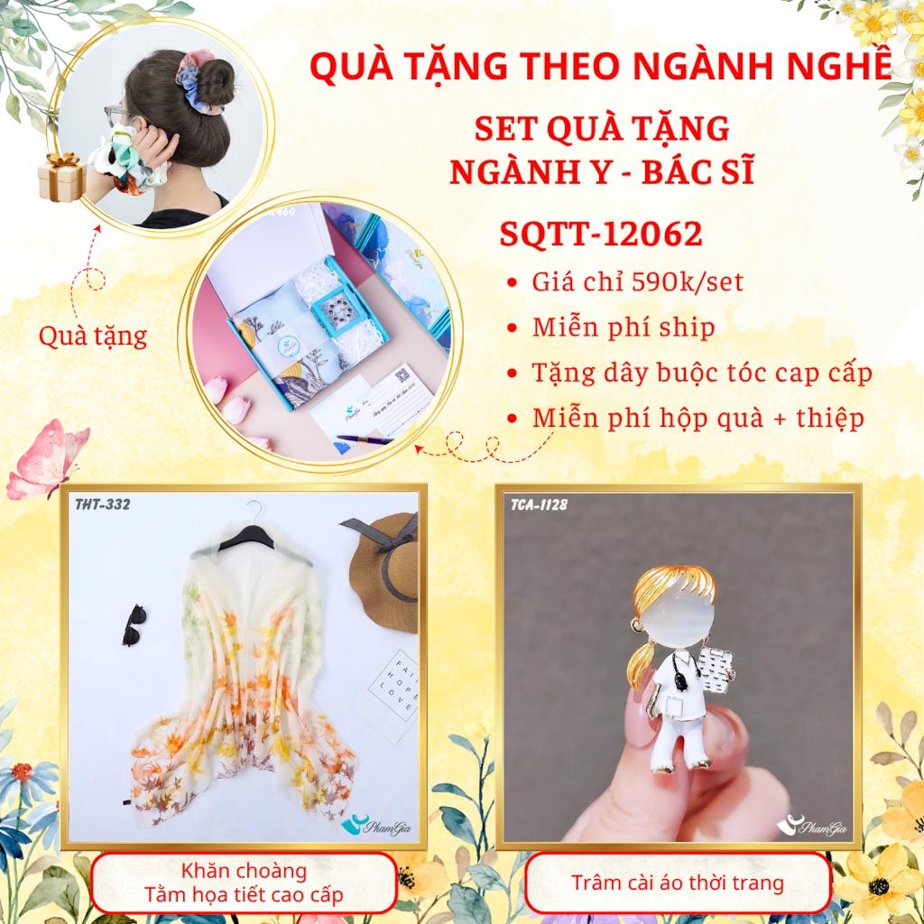 Quà Tặng Theo Ngành Nghề - Set Quà Khăn Tằm Họa Tiết Và Ghim Cài Áo Cho Ngành Y - Bác Sĩ (SQTT12062)