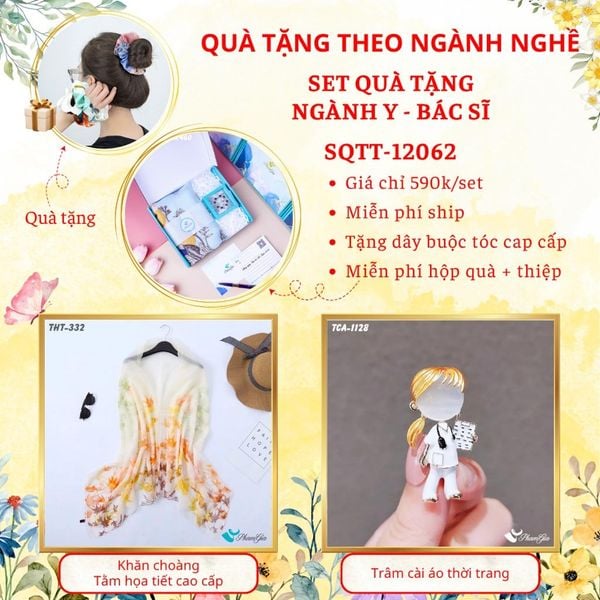 Quà Tặng Theo Ngành Nghề - Set Quà Khăn Tằm Họa Tiết Và Ghim Cài Áo Cho Ngành Y - Bác Sĩ (SQTT12062)