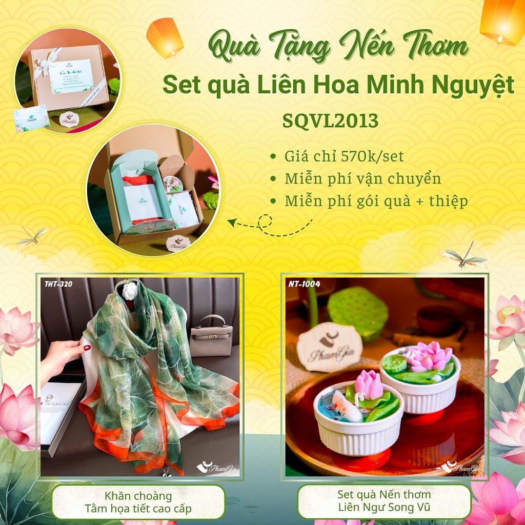 Quà Tặng 20/10 - Set Quà Tặng Liên Hoa Minh Nguyệt Khăn Choàng Tằm Và Hộp Quà Nến Thơm Hoa Sen (SQVL2013)
