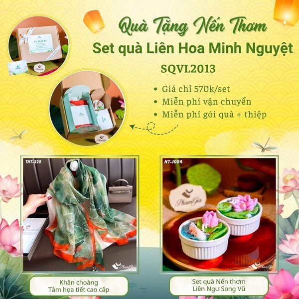Quà Tặng 20/10 - Set Quà Tặng Liên Hoa Minh Nguyệt Khăn Choàng Tằm Và Hộp Quà Nến Thơm Hoa Sen (SQVL2013)