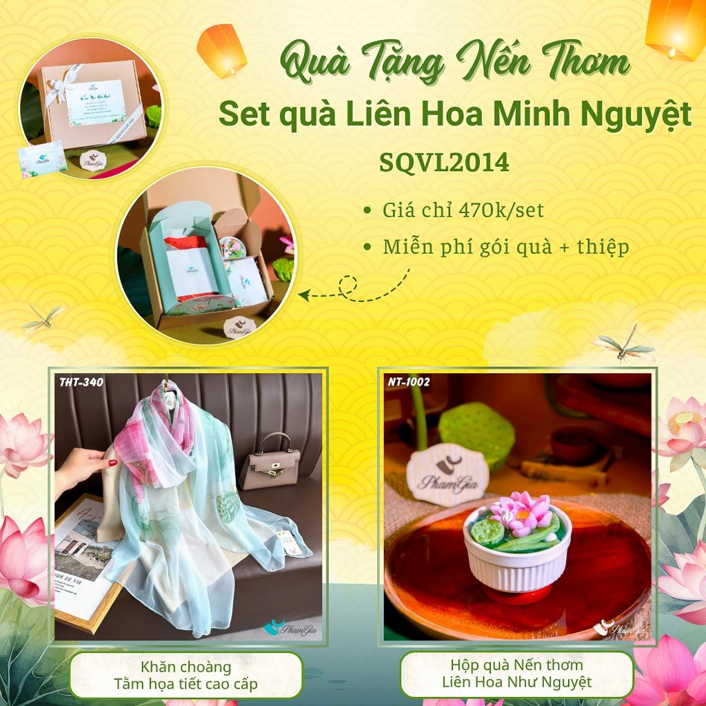 Quà Tặng 20/10 - Set Quà Tặng Liên Hoa Minh Nguyệt Khăn Choàng Tằm Và Hộp Quà Nến Thơm Hoa Sen (SQVL2014)