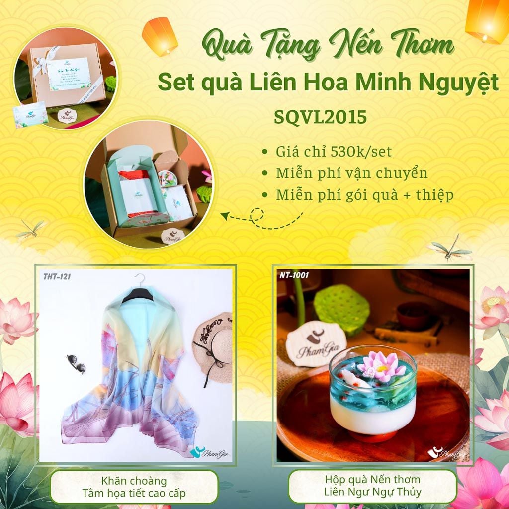 Quà Tặng 20/10 - Set Quà Tặng Liên Hoa Minh Nguyệt Khăn Choàng Tằm Và Hộp Quà Nến Thơm Hoa Sen (SQVL2015)