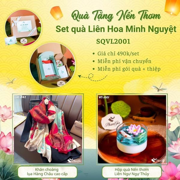 Quà Tặng 20/10 - Set Quà Tặng Liên Hoa Minh Nguyệt Khăn Choàng Lụa Và Hộp Quà Nến Thơm Hoa Sen (SQVL2001)
