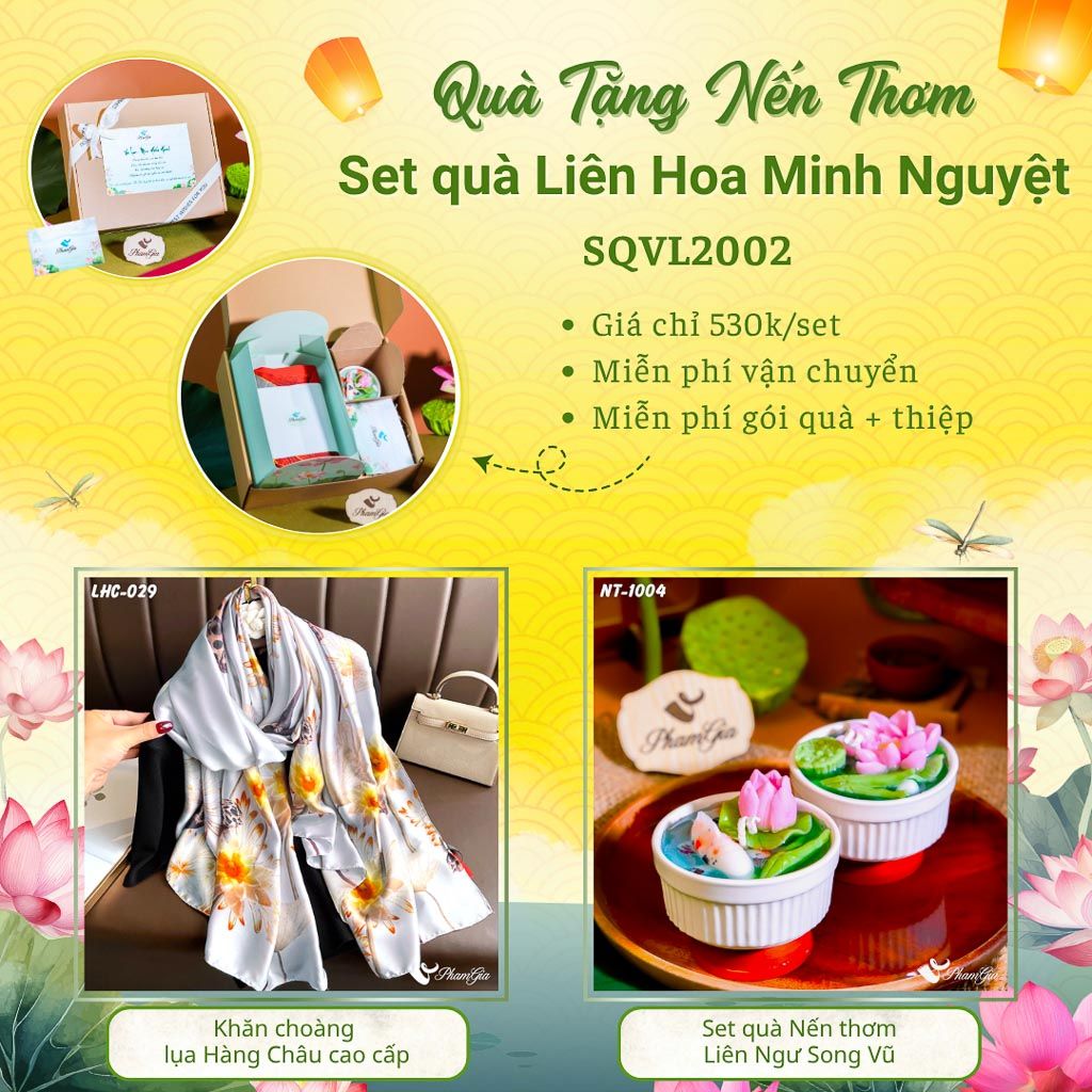 Quà Tặng 20/10 - Set Quà Tặng Liên Hoa Minh Nguyệt Khăn Choàng Lụa Và Hộp Quà Nến Thơm Hoa Sen (SQVL2002)