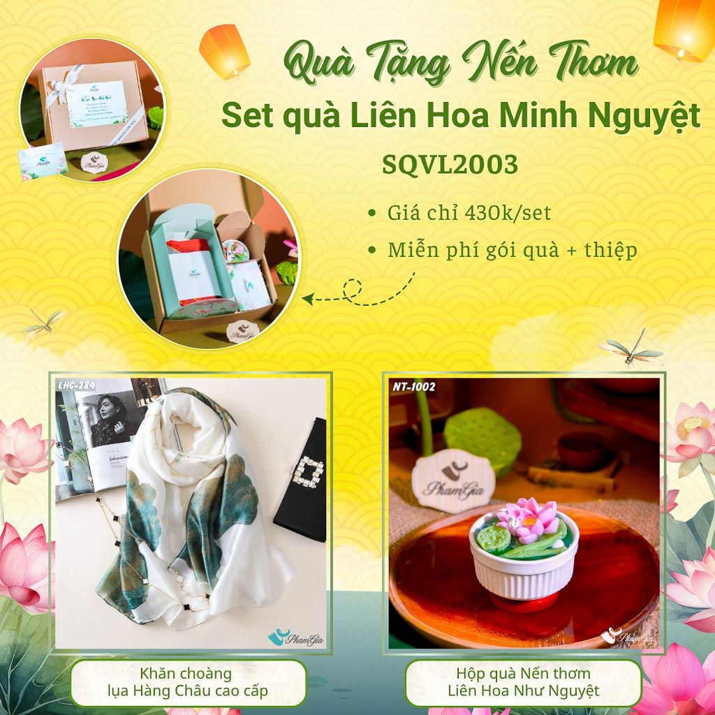 Quà Tặng 20/10 - Set Quà Tặng Liên Hoa Minh Nguyệt Khăn Choàng Lụa Và Hộp Quà Nến Thơm Hoa Sen (SQVL2003)
