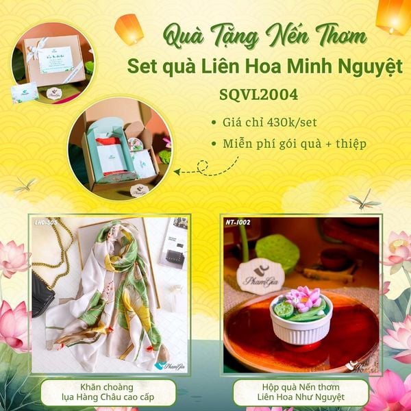 Quà Tặng 20/10 - Set Quà Tặng Liên Hoa Minh Nguyệt Khăn Choàng Lụa Và Hộp Quà Nến Thơm Hoa Sen (SQVL2004)