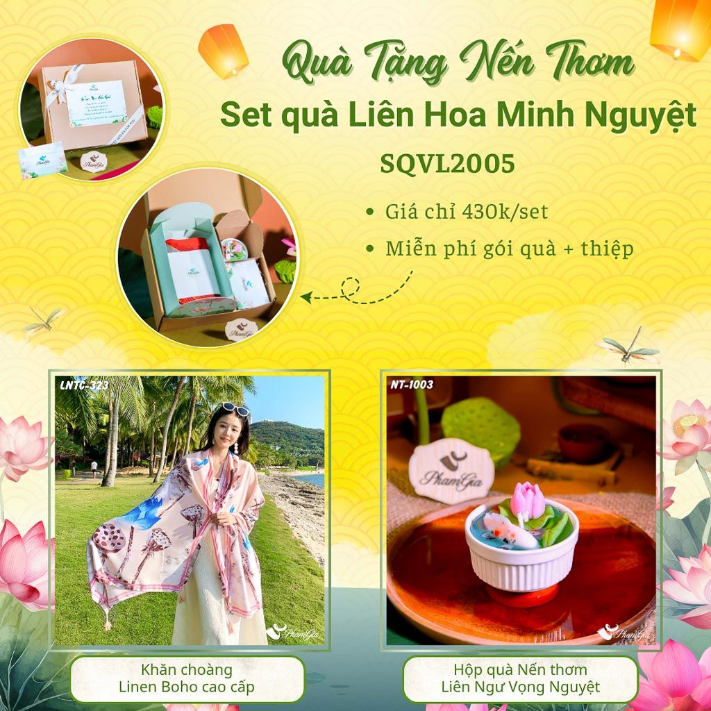 Quà Tặng 20/10 - Set Quà Tặng Liên Hoa Minh Nguyệt Khăn Choàng Linen Và Hộp Quà Nến Thơm Hoa Sen (SQVL2005)