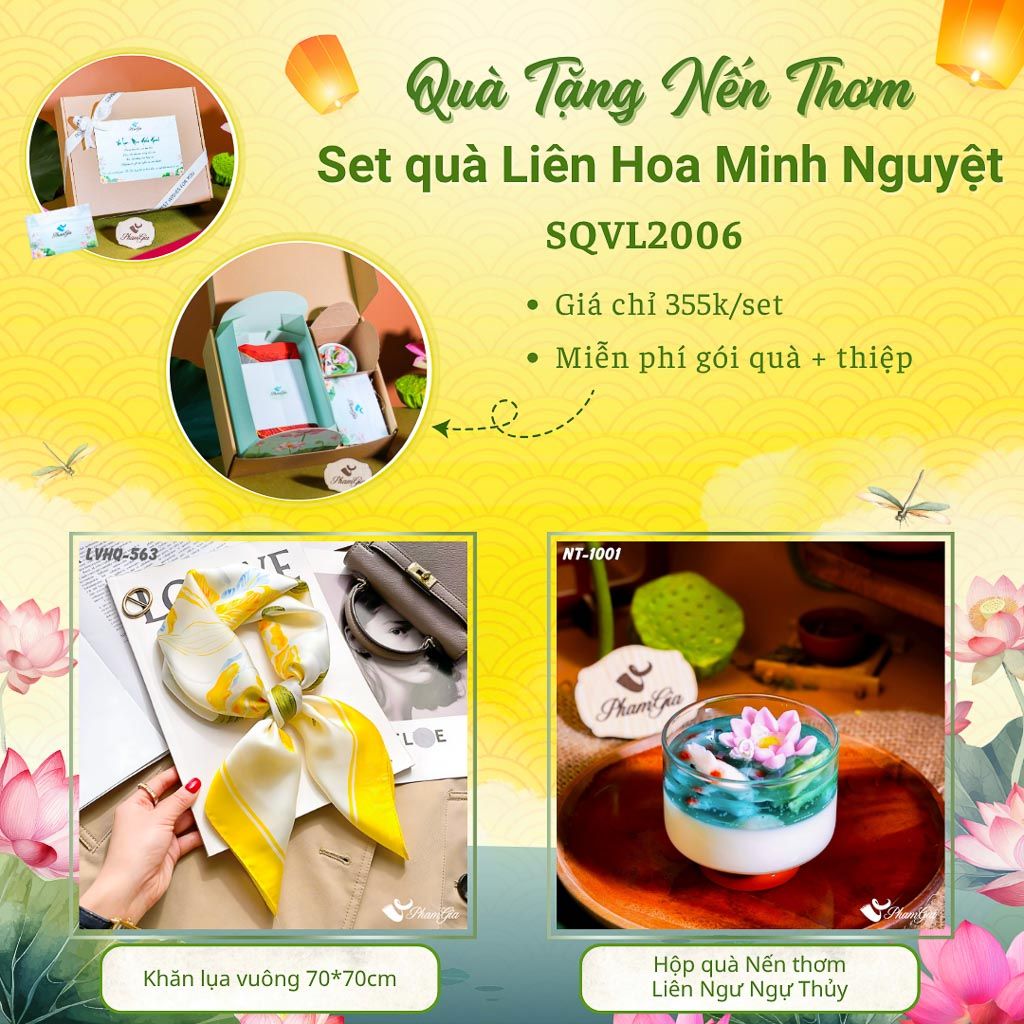 Quà Tặng 20/10 - Set Quà Tặng Liên Hoa Minh Nguyệt Khăn Lụa Vuông Và Hộp Quà Nến Thơm Hoa Sen (SQVL2006)