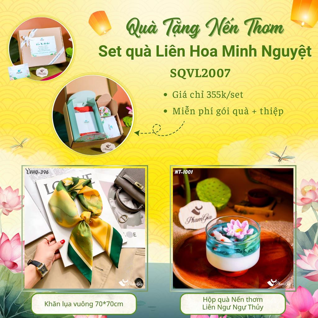 Quà Tặng 20/10 - Set Quà Tặng Liên Hoa Minh Nguyệt Khăn Lụa Vuông Và Hộp Quà Nến Thơm Hoa Sen (SQVL2007)