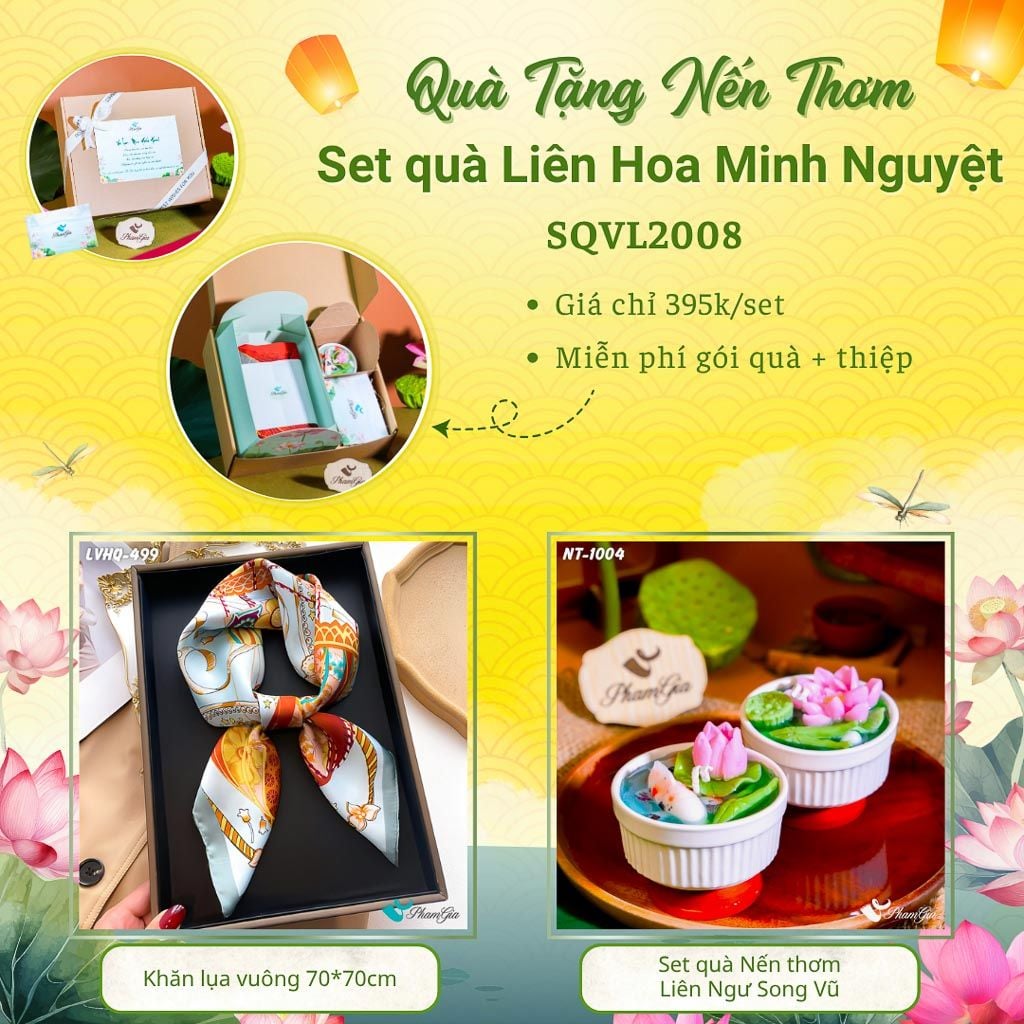 Quà Tặng 20/10 - Set Quà Tặng Liên Hoa Minh Nguyệt Khăn Lụa Vuông Và Hộp Quà Nến Thơm Hoa Sen (SQVL2008)