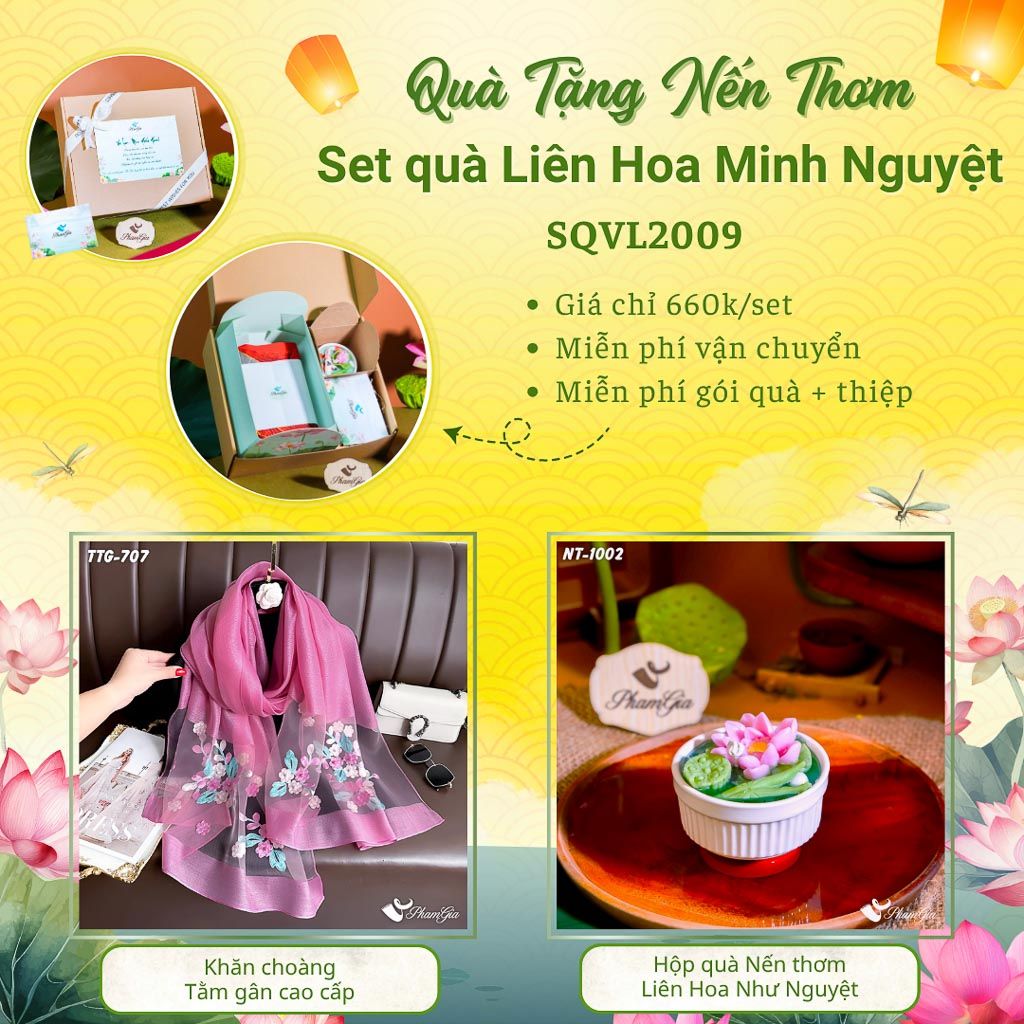 Quà Tặng 20/10 - Set Quà Tặng Liên Hoa Minh Nguyệt Khăn Choàng Tằm Gân Và Hộp Quà Nến Thơm Hoa Sen (SQVL2009)