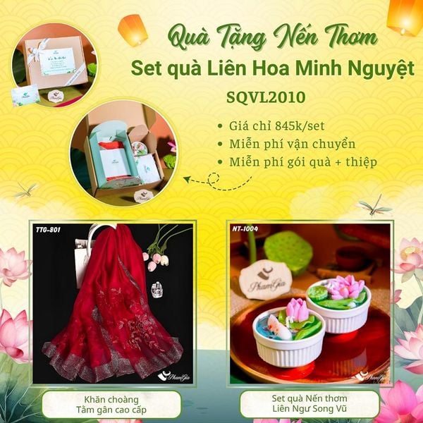 Quà Tặng 20/10 - Set Quà Tặng Liên Hoa Minh Nguyệt Khăn Choàng Tằm Gân Và Hộp Quà Nến Thơm Hoa Sen (SQVL2010)