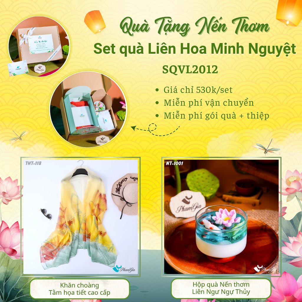 Quà Tặng 20/10 - Set Quà Tặng Liên Hoa Minh Nguyệt Khăn Choàng Tằm Và Hộp Quà Nến Thơm Hoa Sen (SQVL2012)