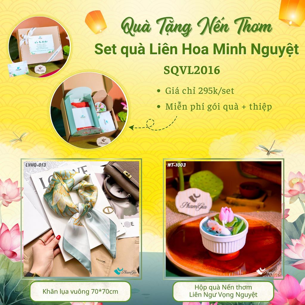 Quà Tặng 20/10 - Set Quà Tặng Liên Hoa Minh Nguyệt Khăn Lụa Vuông Và Hộp Quà Nến Thơm Hoa Sen (SQVL2016)