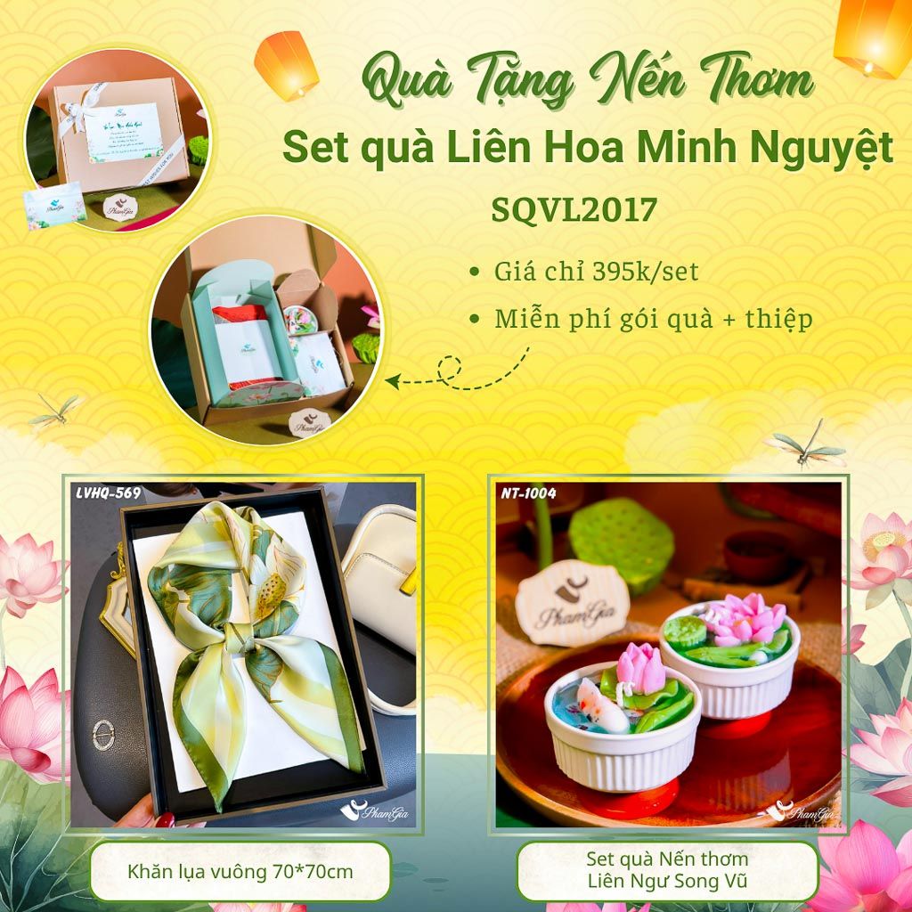 Quà Tặng 20/10 - Set Quà Tặng Liên Hoa Minh Nguyệt Khăn Lụa Vuông Và Hộp Quà Nến Thơm Hoa Sen (SQVL2017)
