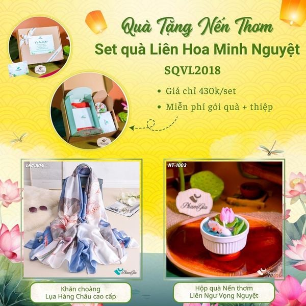 Quà Tặng 20/10 - Set Quà Tặng Liên Hoa Minh Nguyệt Khăn Choàng Lụa Và Hộp Quà Nến Thơm Hoa Sen (SQVL2018)
