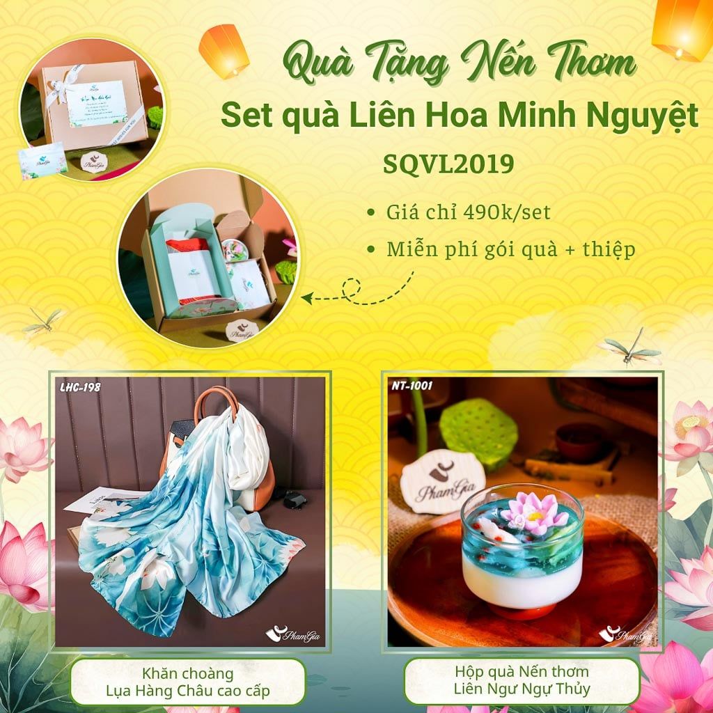 Quà Tặng 20/10 - Set Quà Tặng Liên Hoa Minh Nguyệt Khăn Choàng Lụa Và Hộp Quà Nến Thơm Hoa Sen (SQVL2019)
