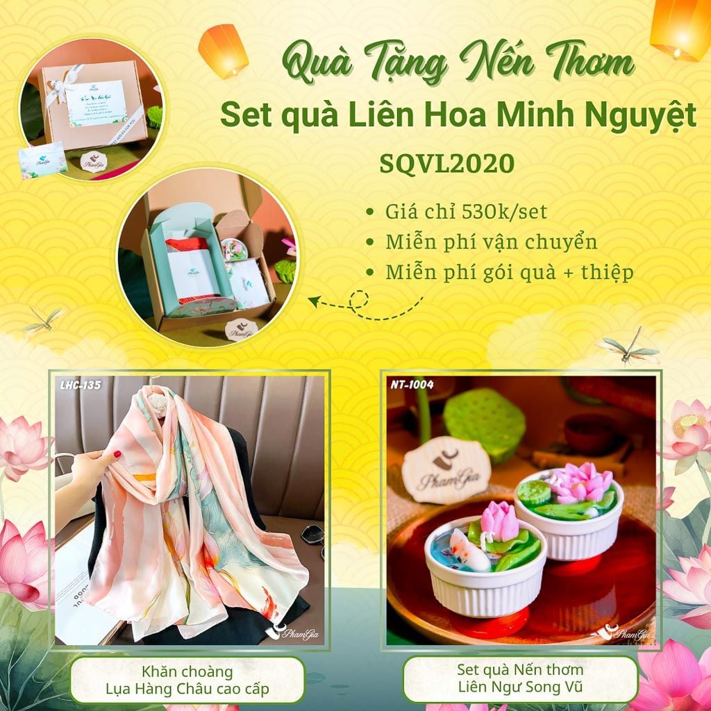 Quà Tặng 20/10 - Set Quà Tặng Liên Hoa Minh Nguyệt Khăn Choàng Lụa Và Hộp Quà Nến Thơm Hoa Sen (SQVL2020)